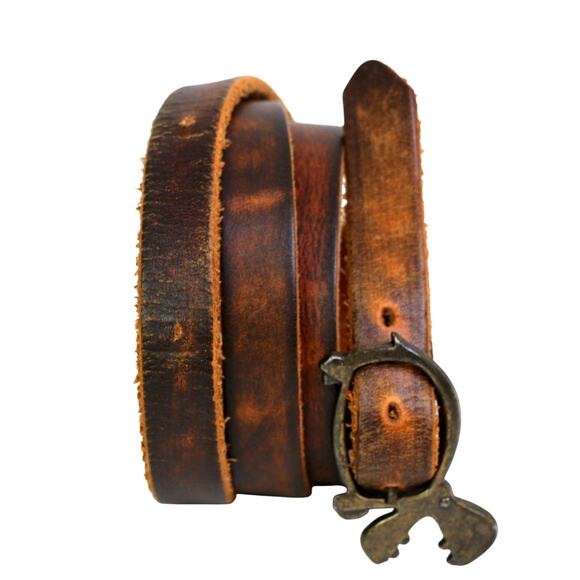 VTG BROWN REAL LEATHER 1/2"Wd HIPPO BUCKLE SKINNY DRESS WOMEN'S BELT Sz M (t73 - Picture 7 of 13